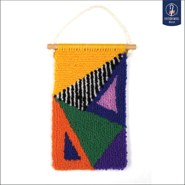 A contemporary hand punched miniature, using yellow, blue, pink, green, orange and purple triangular block colours accented by black and white stripes. Using British Wool and yarn from previous projects. 