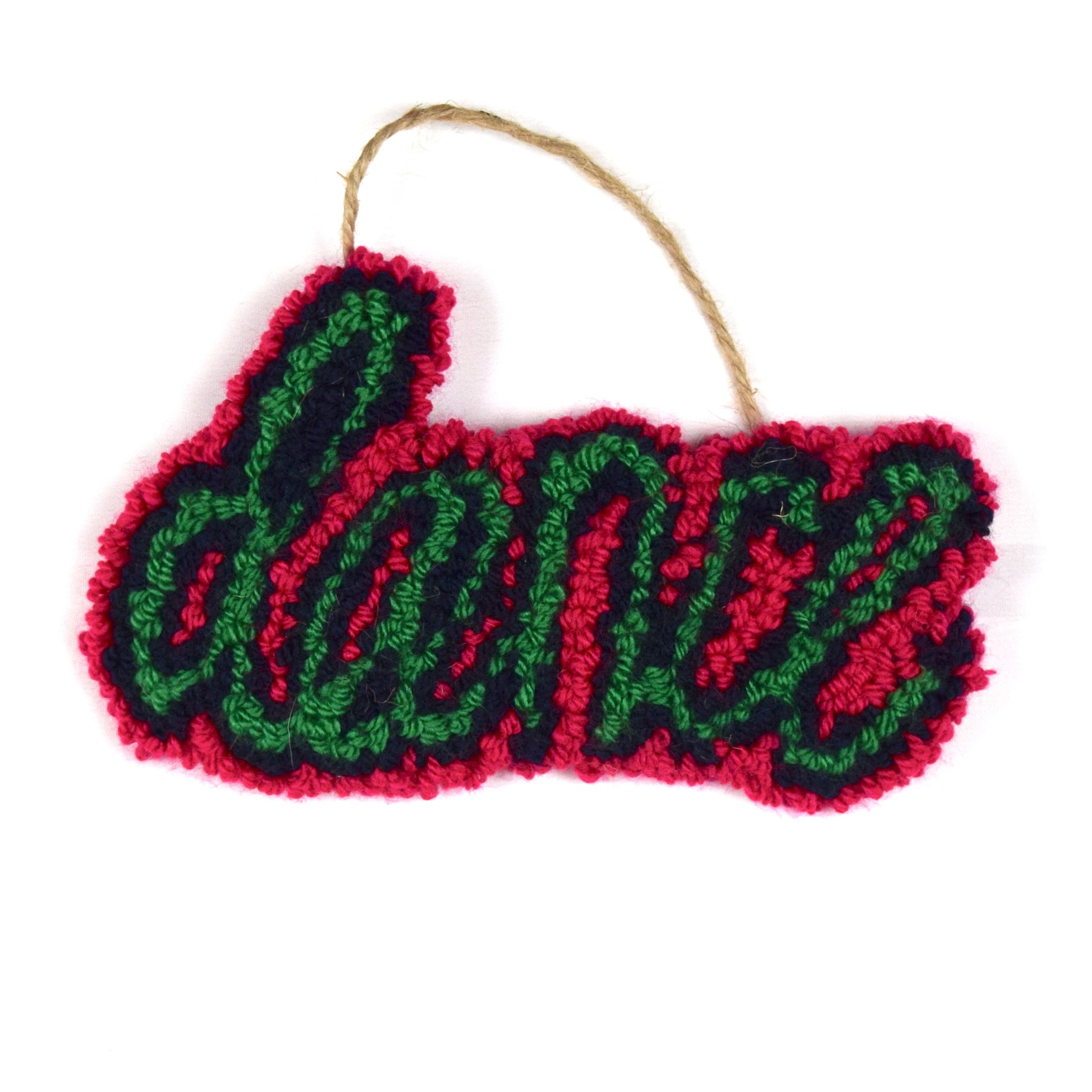 A flowing hand punched DANCE in a slanted shadow text in Neon Pink, Navy and Green using yarn from a previous project. 