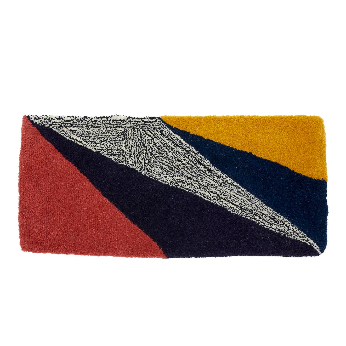 Handmade rug runner created using reclaimed yarns. Using Triangular fragments in Coral, Purple, Black and White flecks, Navy and Yellow with a hand bound dusky coral/pink edge.