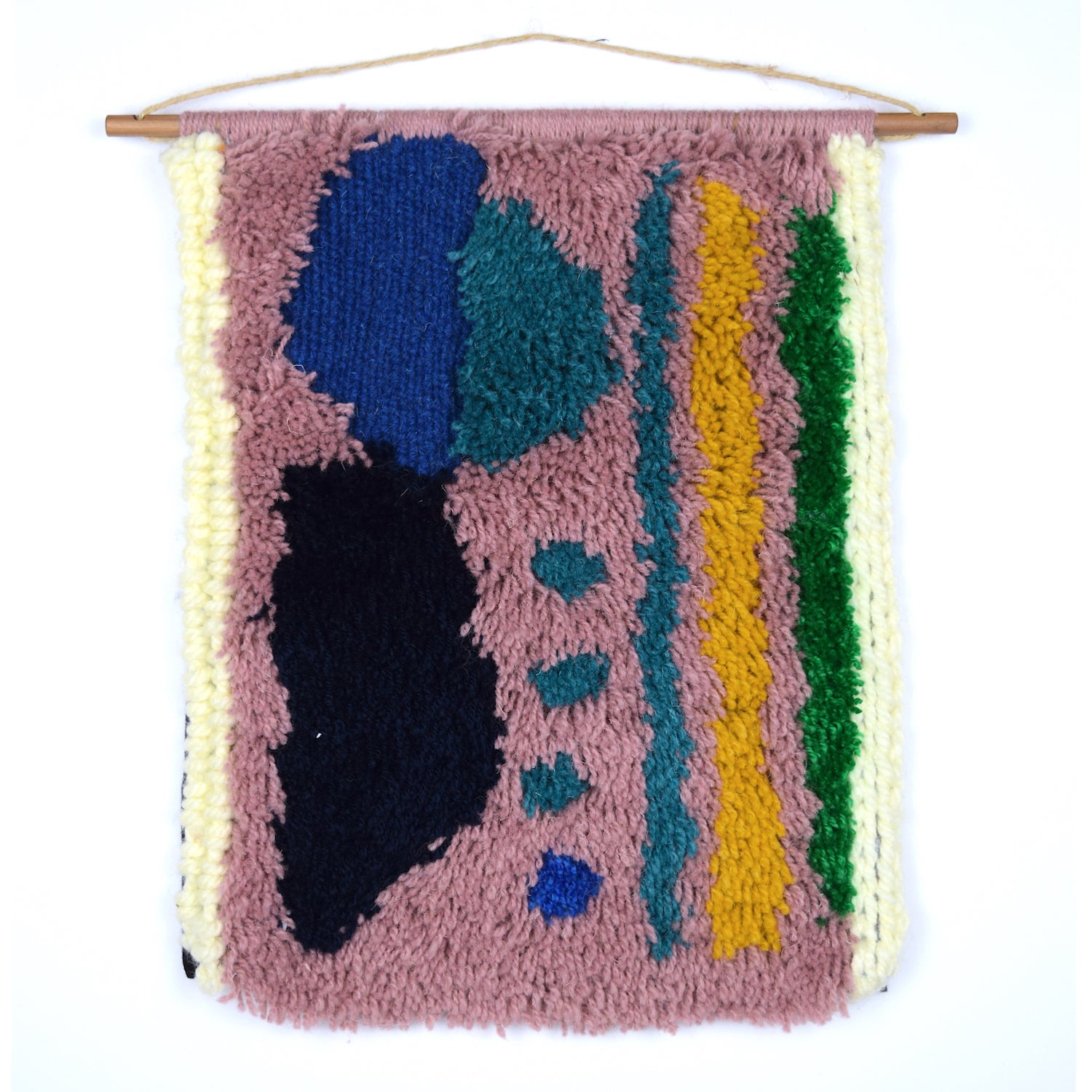 A contemporary hand latch hooked wall hanging, using a mixture of textures, latch hook, locker hook and punch needle with simple shapes and colour (lilac, aubergine, cream, blue, turquoise, mustard and green), showcasing Reclaimed Yarn and Yarn from previous projects.