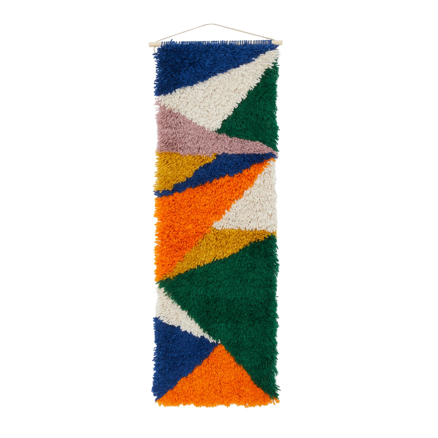 Large latch hook Wall Hanging, a beautiful balance of coloured triangles in orange, blue, cream, green, mustard and lilac reclaimed yarns.
