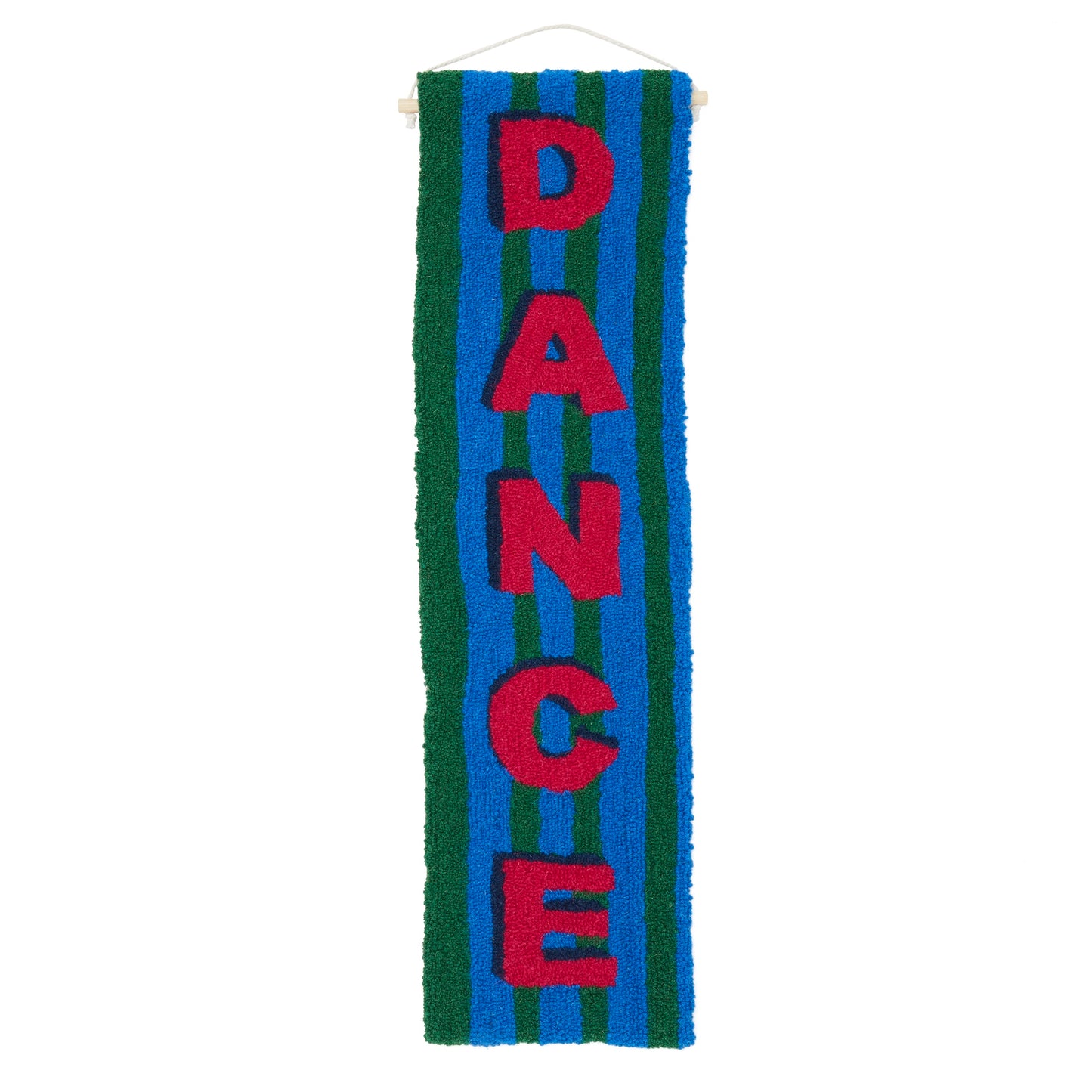 DANCE in a bold shadow text in Magenta, Navy and Bright Blue and Green Stripe background in a loop pile using reclaimed yarn. 