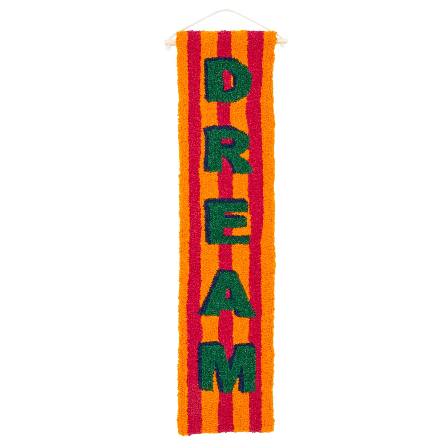 DREAM in a bold shadow text, Green and Navy shadows with a Magenta and Orange striped background in a loop pile using reclaimed yarn. 