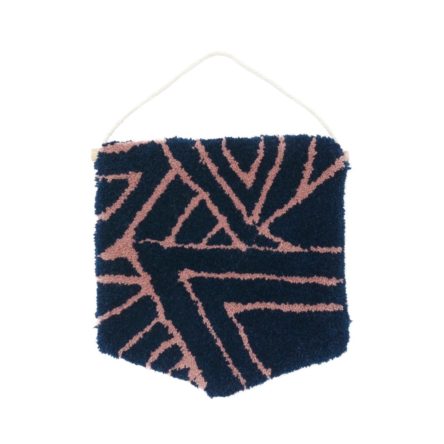 Navy cut pile wall hanging with lilac accents in a contemporary triangular design. Made using reclaimed yarns.